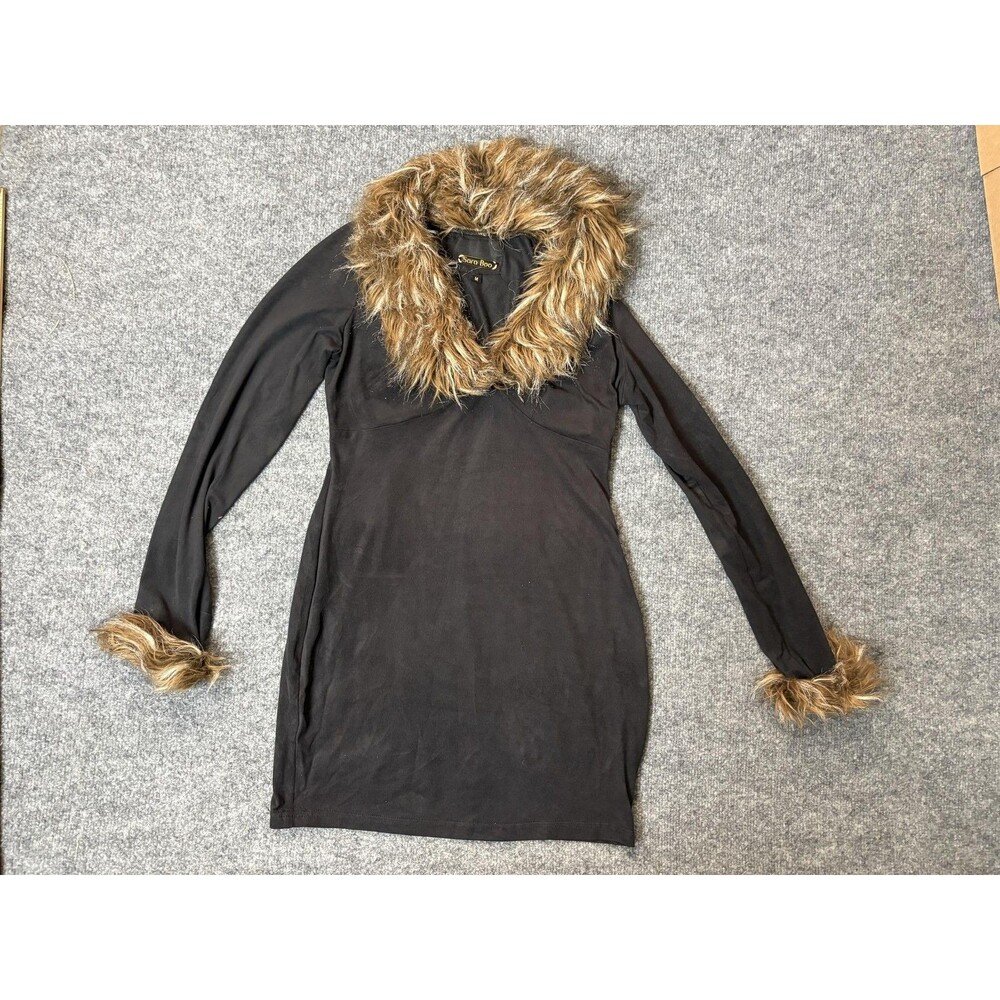 Sara Boo Dress Womens M Black Long Sleeve Bodycon Faux Fur Trim V-Neck Party